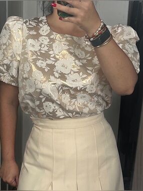 J.Crew Ivory Gold Floral Jacquard Puff Sleeve Top Size L